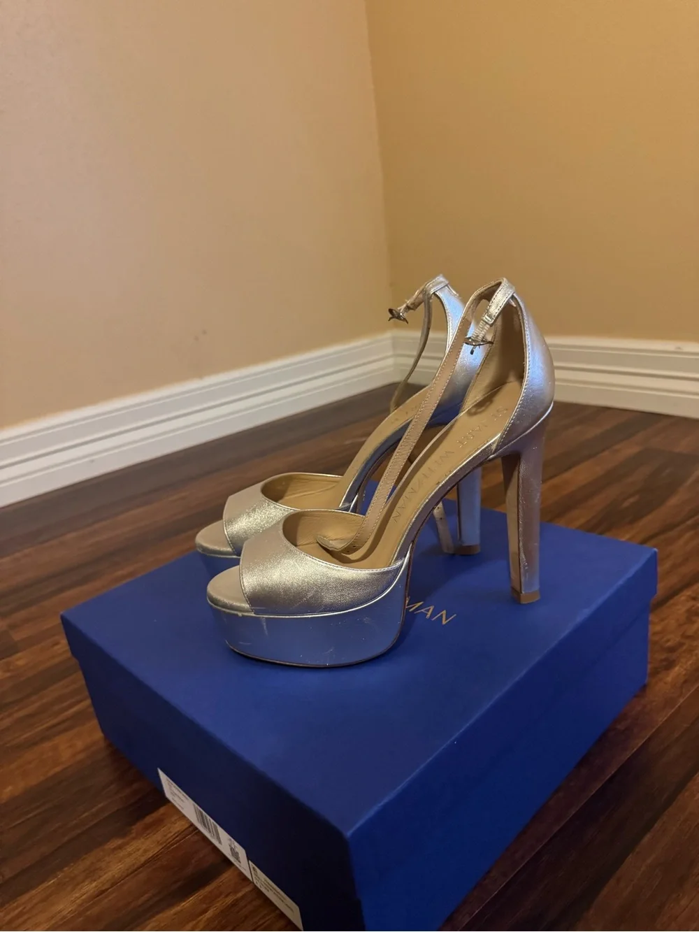 Stuart Weitzman Metallic Silver Platform Ankle-Strap Heels